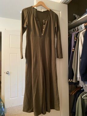 Long Sleeve Olive Jumpsuit with Button Neckline